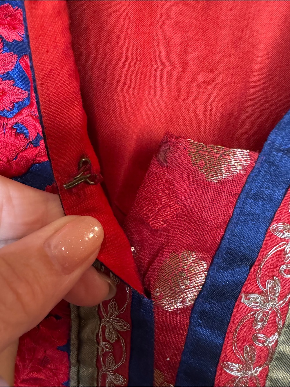 Handmade Royal Blue Red Anarkali Kurti Dress Sheer Sleeves Brocade Small 41" - Picture 5 of 9